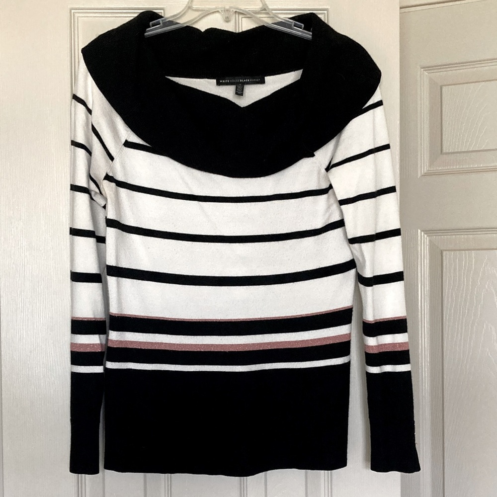 White House Black Market Black Pink and White Striped Cowl Neck Sweater